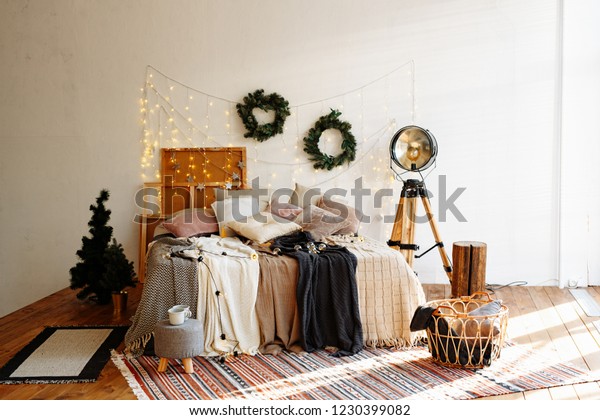 Christmas Decor Bedroom Bright Colors Large Stock Photo