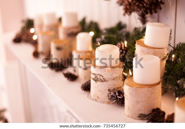 Christmas Decor Fireplace Decorated Birch Sprees Stock Image