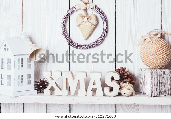 Christmas Decor On Shelf Wooden Letters Stock Photo Edit Now