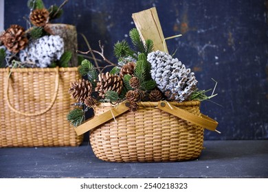 Christmas decor, wicker basket with cones, pine branches and firewood on a dark background - Powered by Shutterstock