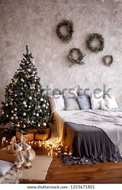 Christmas Decorated Bedroom Interior Cozy Home Stock Photo