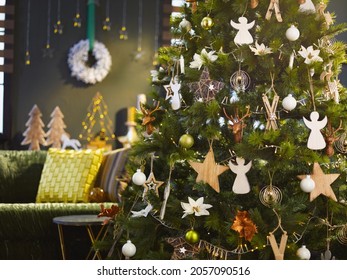 Christmas Decorated Green Modern Home With Big Christmas Tree.