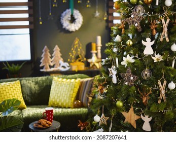 Christmas Decorated Green Modern Home With Big Christmas Tree.