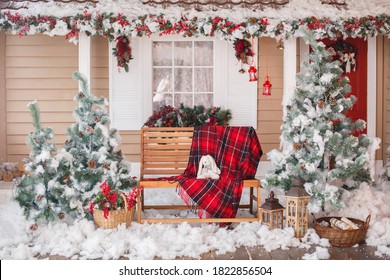 Christmas decorated house and yard. Studio decoration in New Year style. Snow covered courtyard of a wooden house or cottage with red decore accents. Backdrop for photographer