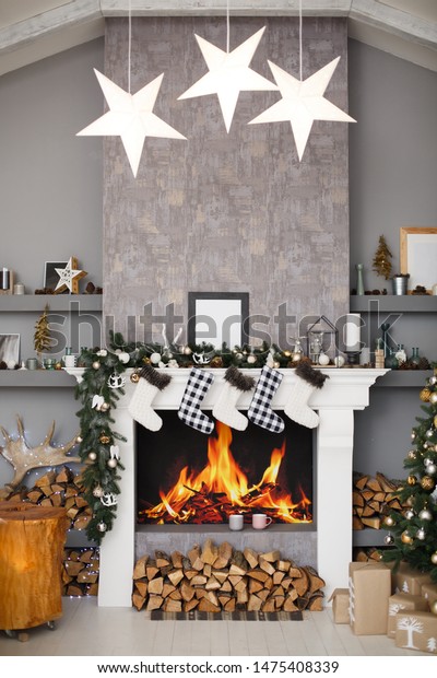 Christmas Decorated Interior Fireplace Holiday Decorations Stock