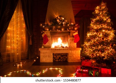 Christmas Decorated Interior With Fireplace, Window And Xmas Tree