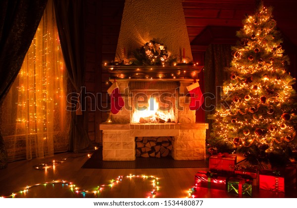 Christmas Decorated Interior Fireplace Window Xmas Stock Photo (Edit ...