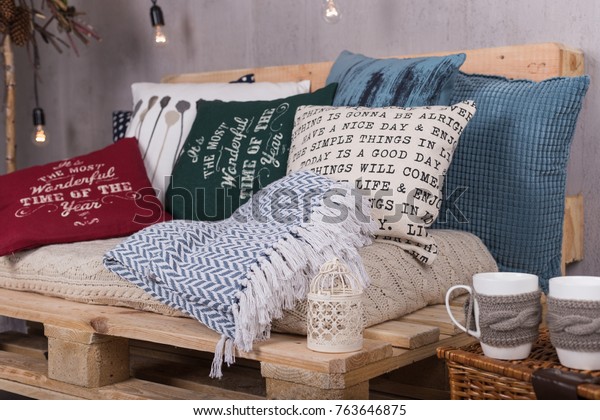 Christmas Decorated Sofa Pillows Stock Photo Edit Now 763646875