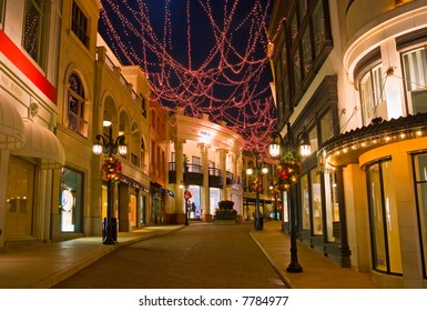 Christmas Decorated Street In Beverly Hills California At Night