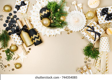 Christmas Decoration Background In Golden And Black Colors. Flat Lay, Top View