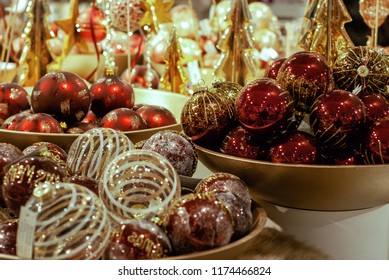 Christmas decoration ball : Red and Gold Color of Christmas balls in bowl . Decoration for Christmas and New Year Holiday party.Festive, lights background - Shutterstock ID 1174466824