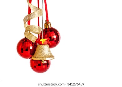 Christmas Decoration, Balls,  Jingle Bell And  Ribbons. Christmas And New Year's Day Greeting Card