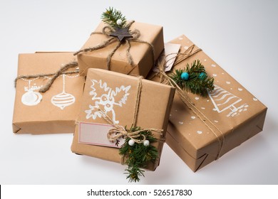 Christmas Decoration. Boxes With Christmas Gifts. Beautiful Packaging. Gift Wrap With Pictures. Handmade.