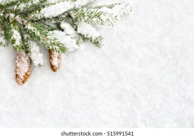 Christmas Decoration. Branch Christmas Tree And Cones Spruce On Snow. Top View, Flat Lay