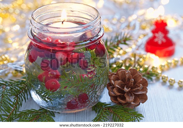 Christmas Decoration Candle Glass Jar Cranberry Stock Photo Edit