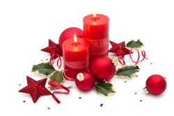 Christmas Decoration With Candle Isolated On White Background.