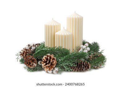 Christmas decoration with candle isolated on white background. New Year and Christmas candles. Home decor. Cozy candles. Present. Xmas candle Celebration. Vacation - Powered by Shutterstock