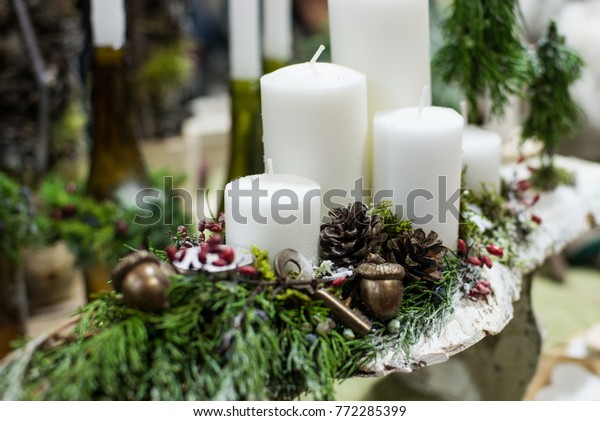 Christmas Decoration Candles Christmas Ball Ribbon Stock Photo