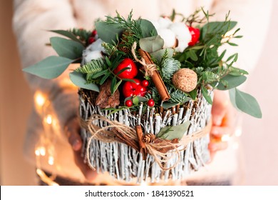 Christmas decoration with carnations, chrysanthemums santini, brunia and fir. Christmas spirit and mood - Shutterstock ID 1841390521