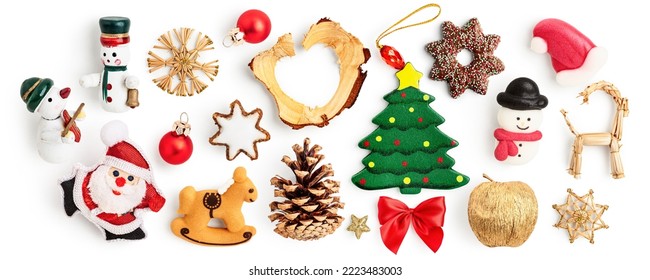 Christmas decoration collection isolated on white background. Christmas tree, santa claus, snowman, cookie, cone, reindeer, apple, bow, snowflake and stars composition. Flat lay, top view
 - Powered by Shutterstock