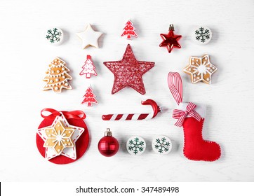 Christmas decoration collection on wooden table top view - Shutterstock ID 347489498