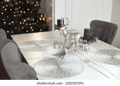 Christmas Decoration In Dinning Room With Xmas Tree In Monochrome Gray And Silver Colors For Winter Holidays In Modern Interior