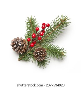 Christmas decoration element isolated on white. DIY festive, natural, zero waste, plastic free winter holidays decor made of fir branches, pine cones and red berries. - Powered by Shutterstock