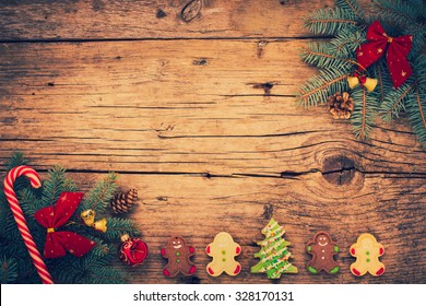 Christmas decoration with fir and Christmas cookies