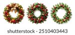 Christmas decoration Floral wreath, red bow, berries and gold lights isolated on white