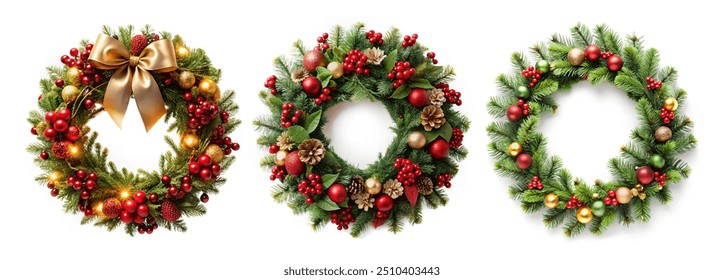 Christmas decoration Floral wreath, red bow, berries and gold lights isolated on white - Powered by Shutterstock