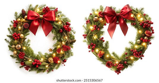 Christmas decoration Floral wreath, red bow, berries and gold lights isolated on white background - Powered by Shutterstock