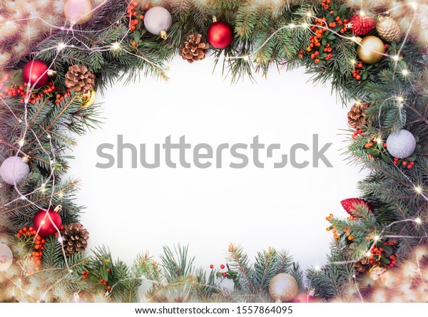 Christmas Decoration Green Pine Branches Place Stock Photo 1557864095 ...