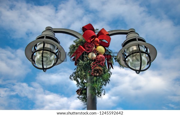 Christmas Decoration Inventory Lamp Post Wreaths Stock Photo Edit