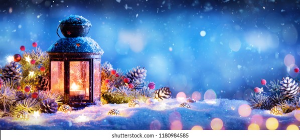 Christmas Decoration - Lantern With Ornament On Snow
