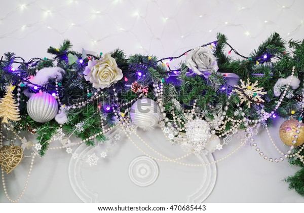 Christmas Decoration Luminous Garland On Fireplace Stock Photo