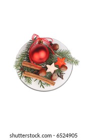 Christmas  Decoration On Plate, Isolated Over White Background