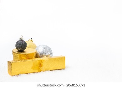 Christmas Decoration On White Background And Snow