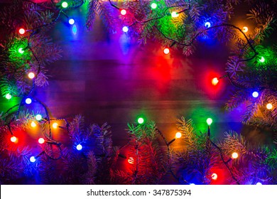 Christmas Decoration On Wood With Led Fairy Lights