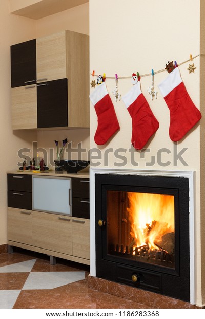 Christmas Decoration Over Fireplace Red Socks Stock Photo Edit