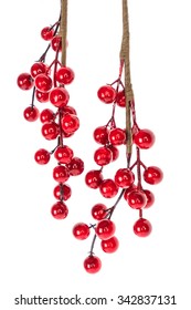 Christmas Decoration Red Berries Holly Isolated On White Background