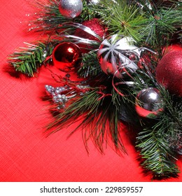 christmas decoration red and silver balls over red background - Red And Silver Christmas Decorations christmas decoration red and silver balls over red background - Red And Silver Christmas Decorations
