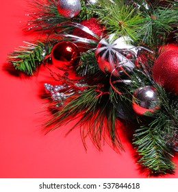christmas decoration red and silver balls on christmas tree branch over red background holiday - Christmas Tree With Red And Silver Decorations christmas decoration red and silver balls on christmas tree branch over red background holiday - Christmas Tree With Red And Silver Decorations