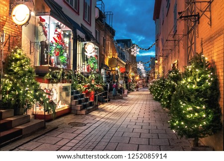 Christmas Decoration at Rue du Petit-Champlain in Lower Old Town (Basse-Ville) at night - Quebec City, Canada