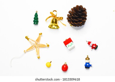 Christmas Decoration Small Wooden Toys For Christmas Tree On White Background