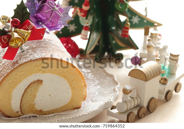 Christmas Decoration Swiss Roll Cake Royalty Free Stock Image