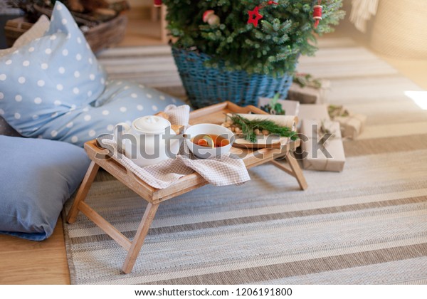 Christmas Decoration Tea Time Wooden Tray Stock Photo Edit Now