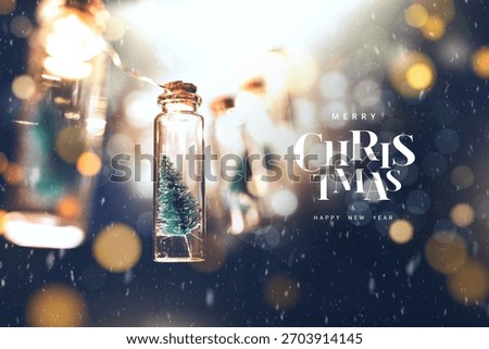 Christmas decoration with a tiny pine tree inside a glass bottle hanging on warm festive lights, creating a magical holiday atmosphere, Merry Christmas and happy new year concept