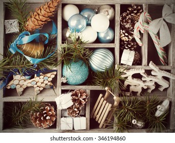 Christmas Decoration With Christmas Tree Branches In Wooden Box. Winter Holidays Concept.  Retro Style Toned.