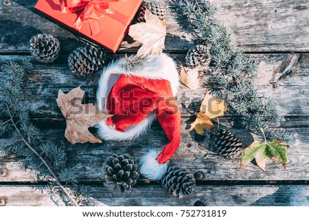 Christmas decoration in a wood table outdoors 