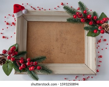 Christmas Decoration With Wooden Picture Frame On White Background. Winter Holidays, Add Your Own Image Or Writing Text